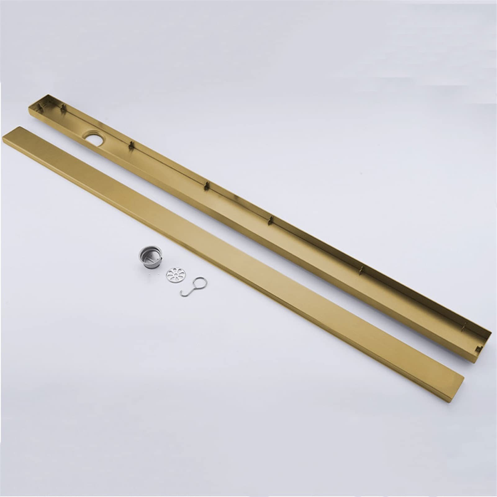 Desagüe Lineal de Ducha de Acero Inoxidable 304 con Acabado Dorado Cepillado, Forma Rectangular, con colador para Cabello y diseño Discreto para Azulejos, 60 cm (23,6''). Ideal para baños mo
