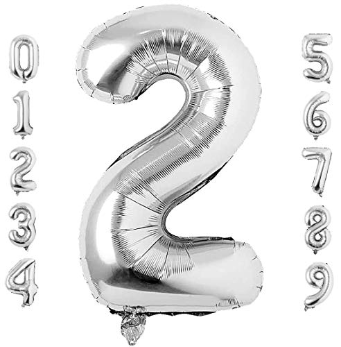 40 Inch Large Silver Number 2 Balloon Extra Big Size Jumbo Digit Mylar Foil Helium Balloons for Birthday Party Celebration Decorations Graduations Wedding Anniversary Baby Shower Supplies Engagement