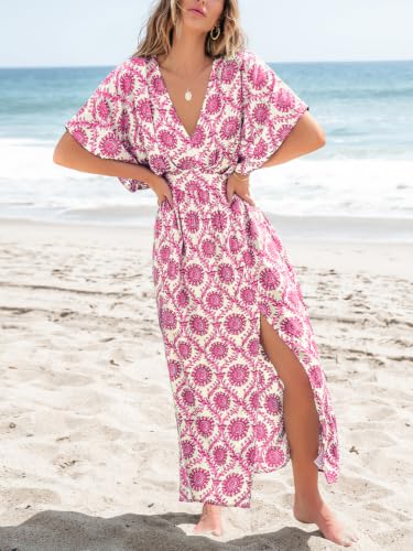 Image of CUPSHE Women's Summer Boho Maxi Dress Paisley Floral V Neck Smocked Dress Beach Vacation Slit Hem Flowy Dress with Pockets