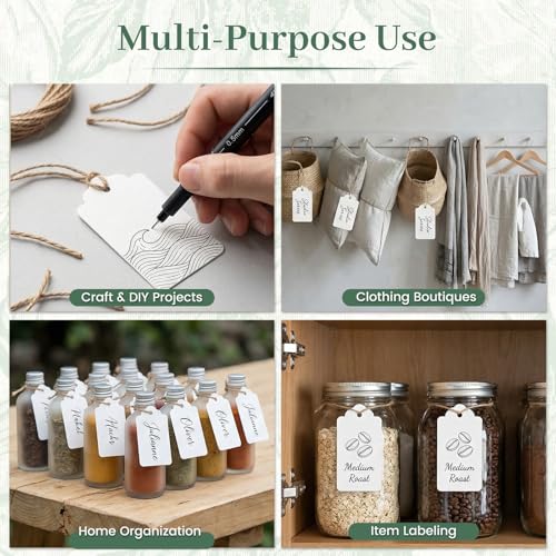 Image of SallyFashion 300PCS Gift Tags with String Attached, 1.6 x 2.8 inch Kraft Paper Hang Tags for Clothes DIY Crafts Wedding Holiday (White)