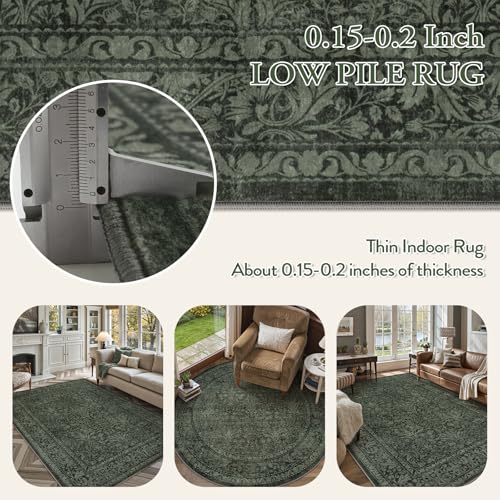 Tapete Floral Verde Oscuro Hogar Boho Vintage 5x7 Lavable miniatura 2