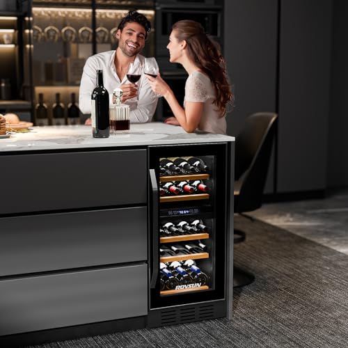 Image of ROVSUN 15 Inch Dual Zone Wine Fridge, 26 Bottle Wine Cooler Refrigerator | 41-64F, Stainless Steel Handle, LED Light, Built-in or Under Counter or Freestanding Wine Refrigerator for Home /Bar /Kitchen