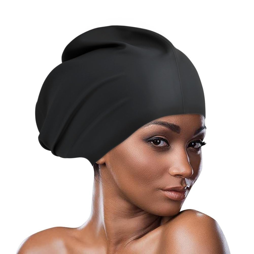 AMFUN Silikon-Badekappen, Ohren-Badekappen, Unisex, für langes Haar, elastisch, rutschfest, hypoallergen, wasserdicht, für Damen und Herren, Schwarz