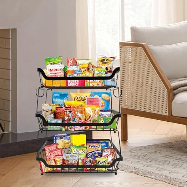 3-Tier Rolling Pantry Floor Organizer and Storage Cart with Wheels,Stackable Metal Wire Snack Display Basket for kitchen pantry organizers and storage shelves with Banana Hanger &Wooden Handle-G78vnFNU