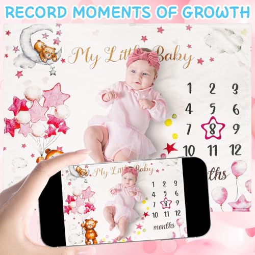 Image of Bear Monthly Milestone Blanket for Baby Girls Bear Star Balloon Flannel Blanket Newborn Infant Swaddle Baby Growth Blanket Photography Background with Wooden Signs,Frames,Headband