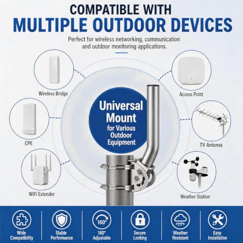Image of 430 Stainless Steel Wireless Bridge Mount, 2-Pack 11 in Dual Screw Locking J Pole Mounting Bracket for Wall or Pole, 160 Angle Adjustable, 1.38 in OD, for AP Access Point CPE Extender Repeater