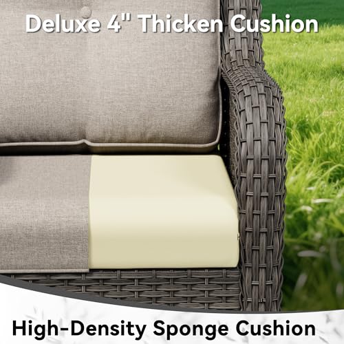 Image of 4-Piece Outdoor Couch Set, Includes Wicker Patio Sofa with Thickened Olefin Cushions, High Back and Deep Seating, Hand-Woven PE Rattan and 2 Ottomans, 1 Coffee Table for Porch, Deck