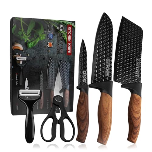 Kitory Messerset 5-teilig, Küchenmesserset mit Schwarz antihaftbeschichtet, einschließlich Hackmesser 18cm, Kochmesser 20cm, Allzweckmesser 13cm, Sparschäler und Küchenschere