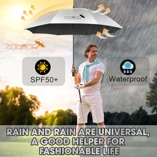 ZOMAKE Großer Regenschirm 62 Inch,Sonnenschirm Mit UV Schutz Groß Golfschirm Sturmfest Für Herren Damen,XXL Golf Schirm Mit Doppelte Kappe für 2-3 Personen(Silber Schwarz)