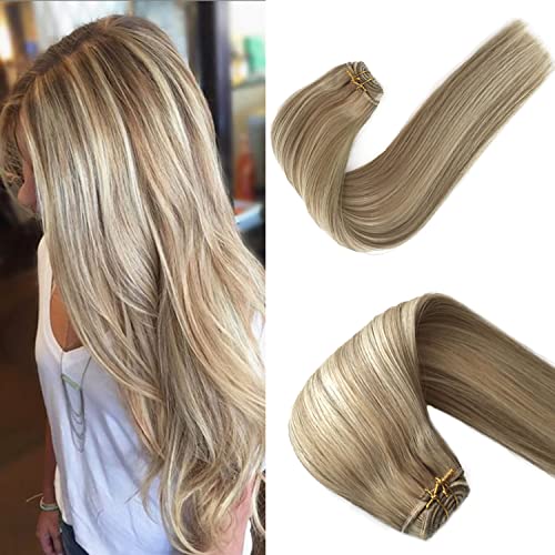 Blonde Highlights Sew in Weft Hair Extensions Human Hair Weave Bundles Real Remy Hair Seamless Hair Extensions Bundles Double Weft Full Head Beige Blonde with Platinum Blonde Highlights 100g 20 Inch
