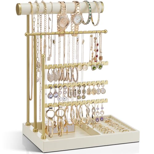 VLANDO Schmuckständer Schminktisch Organizer mit Ablage Schmuckaufbewahrung Halskettenhalter Zimmer Deko mit 4 Stangen und Ringhalter für Ohrringe Ringe Armbänder Uhren und Halsketten