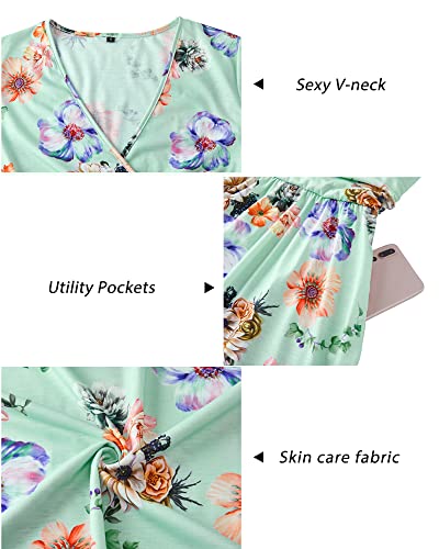 Image of Newshows Womens Summer Short Sleeve Casual Dresses V Neck Floral Vacation Sundress Faux Wrap Midi Dress with Pockets