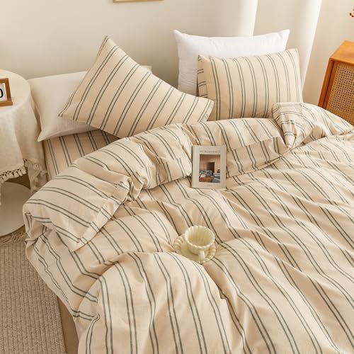 Image of ECOCOTT Duvet Cover Oversized King Size - Linen Feel Organic Natural 100% Washed Cotton, Soft Breathable & Durable Bedding Set, Comfy Stripe Design for All Seasons
