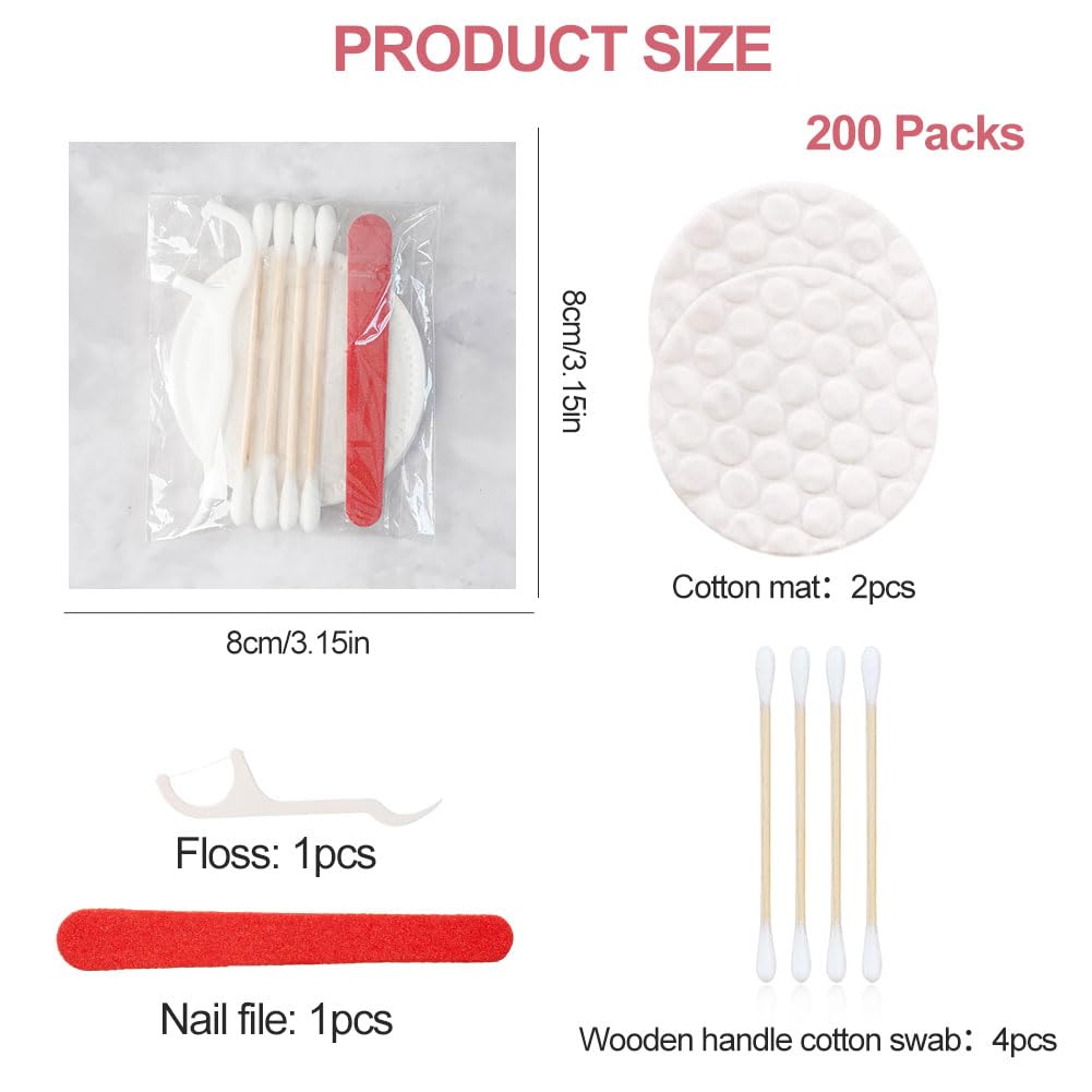 Hotel Vanity Set,Hotelbedarf Toilettenartikel einzeln verpackt,Hotel Vanity Kit mit Wattepads, Wattestäbchen,Zahnseide und Nagelfeile,Mini Reiseprodukte,Kosmetik Set (200 Stück)