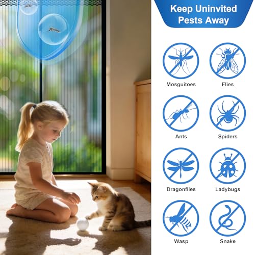 Image of METAONLY Magnetic Screen Door Mesh, Works for Patio, Sliding Door, Keeps Bug Mosquito Out, Fresh Air Flow, Fits 36 inch x 80 inch Door - Curtain Size 38 inch x 82 inch, Black with Lace