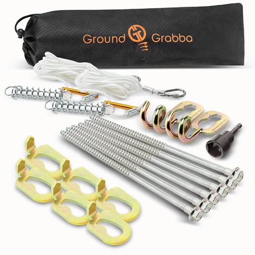 GroundGrabba Junior Camping Kit | Stakes (6), Pigtail Hooks (2), Spring Ropes (2), Hex Driver (1), Fangs (6), Medium Drawstring Bag (1)