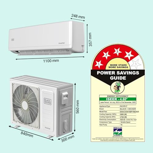 Image of Black+Decker 1.5 Ton 4 Star Heavy Duty Inverter Split AC (100% Copper, 7-In-1 Convertible Cooling Modes, PM 1.0 Filter, 4-Way Swing, Cooling at 58 C, BXACD3I415BP1IN)