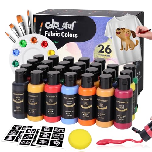 Colorful Permanent Fabric Paint, 26 Colors Soft Fabric Paint in Bottles (30ml/1oz) with Brushes, Palette,Non-Toxic Textile Paint for Creative DIY Clothes, T-Shirts, Shoes Art and Crafts