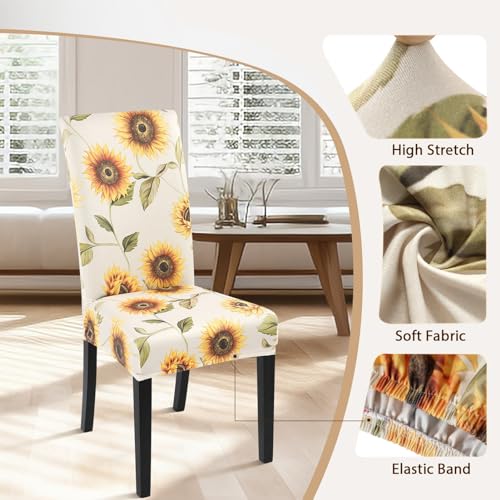Image of SearchI Printed Dining Room Chair Covers Set of 4, Stretch Kitchen Chair Covers Washable Parsons Chair Slipcover Removable Dining Chair Protectors for Hotel,Ceremony(Sunflower)