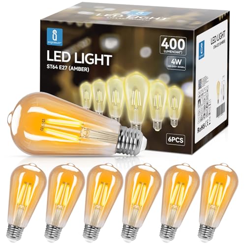 Aigostar ST64 Bombilla Edison Estilo Vintage. Led E27 4W (Equivalente A 35W), Filamento Led Blanco Cálido (2200K). Ángulo De Haz 360º. No Regulable. Pack 6 Uds