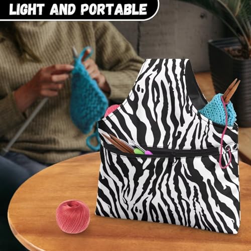 Image of KUIFORTI Knitting Yarn Bag Zebra Print Yarn Bags for Crocheting on The Go Black Crochet Storage Bag for Women Girls at Home Travel Yarn Tote for Crochet Accessories, Knitting Needles, Large Size