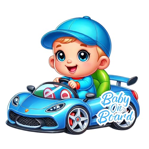 Image of Premium Baby On Board Signs, Car Essentials - Baby On Board Sticker - 1 Pack, 7 inch by 7 inch - Cute - Cartoon Safety Signs - Non Magnet - Durable Strong Adhesive (Blue Sport Car)