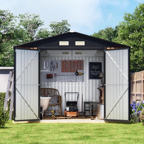 Image of Panovue 10X12 FT Outdoor Metal Storage Shed with Lockable Doors & 2 Windows, Storage Shed Large with Metal Frame Floor for Patio Storage, Garbage Can, Chicken Coop(Wood Panels Not Included)