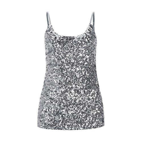 Camiseta de tirantes con lentejuelas sexy para mujer, corte ajustado, con lentejuelas, plata, Talla única