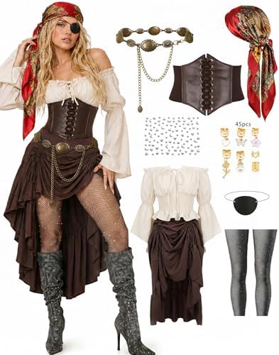 9 PCS Pirate Costume Women Set, Skirt Renaissance Halloween Outfi...