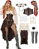 9 PCS Pirate Costume Women Set, Off-Shoulder Top Drawstring Skirt with Corset, Renaissance Halloween Outfit