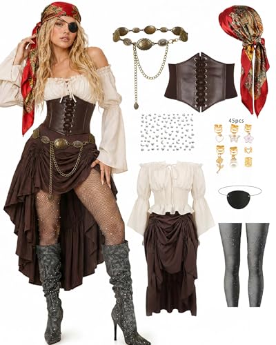 9 PCS Pirate Costume Women Set, Off-Shoulder Top Drawstring Skirt with Corset, Renaissance Halloween...
