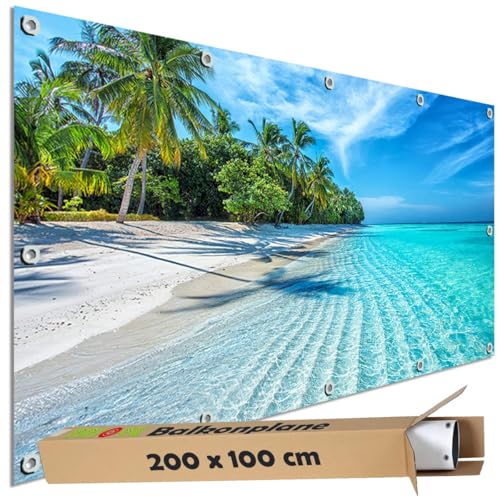 TRIOSK Sichtschutz Balkon Deko Plane Balkonblende Blickdicht mit Motiv Malediven Strand Tropical Beach für Garten Terrasse Gartenzaun Balkonverkleidung Blickschutz PVC groß 200x100 cm