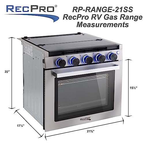 Image of RecPro RV Stove | Gas Range 21 inch Tall | 3 Burner | 1.8 Cu. Ft | 7100 BTU | Optional Vented Range Hood | Black or Silver Color Options (Silver, with Vented Range Hood)