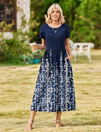 Image of Zeagoo Summer Dresses for Women 2026 Maxi Bohemian Floral Short Sleeve Long Dress Casual Flowy Tired Beach Sundress