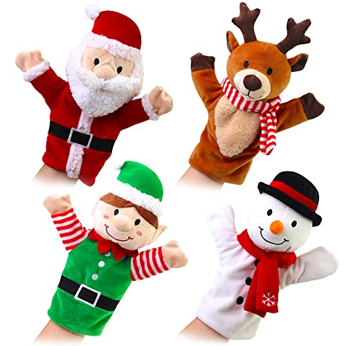 Plushible Hand Puppet - Christmas Puppets for Toddlers 1-3, Kids, and Baby - Soft Plush Toys for Boys & Girls - Fits Small & Large Hands - Santa, Elf, Reindeer and Snowman - Pack of 4