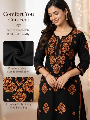 Image of Floral Embroidered Women Kurta Pant Set Straight Fit Cotton Blend Kurti with Palazzo Bottom Ethnic Wear for Office, Festive, Casual and Everyday Comfort