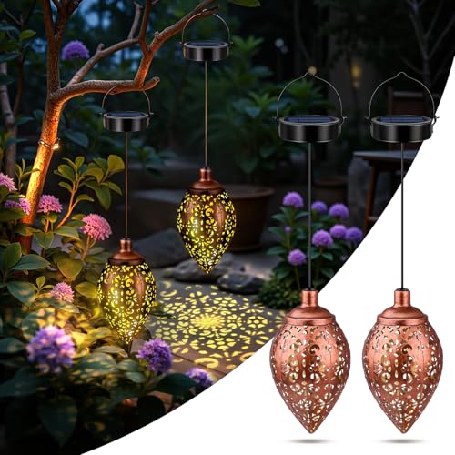 Lot de 2 Lanterne Solaire Exterieur, IP65 Étanche Métal LED Vintage Lampes Solaires Exterieur à Suspendre, Lumiere Solaire pour Jardin, Balcon, Terrasse,...