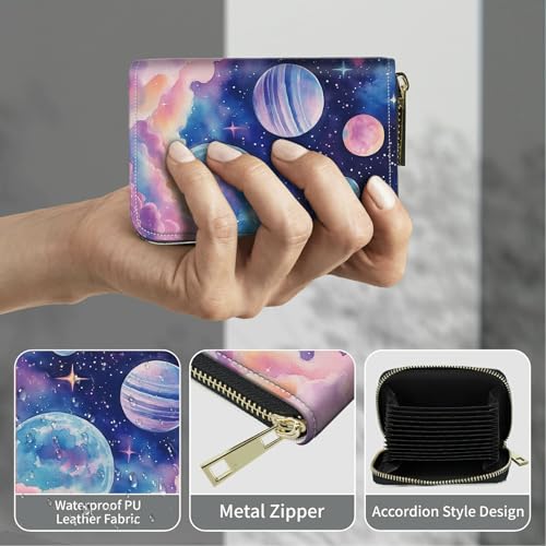 Image of Cute Credit Card Holder with Zipper, Pink Starry Planets RFID-Blocking Card Case Small Wallet for Women Men, Multi-slot Card Organizer Case Travel Accordion Wallet