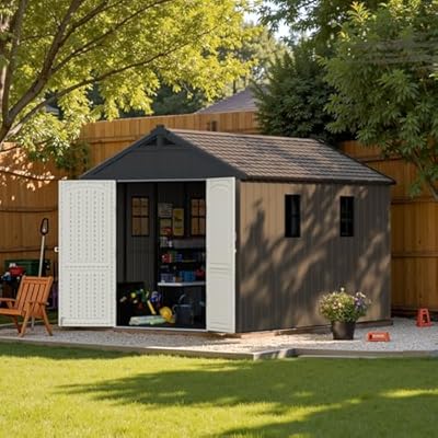 Patiowell 8 x 12 ft Outdoor Storage Shed with Floor and Light, Heavy Duty Resin Shed with Combination Lock, Easy-Assemble with Fewer Screws, All Weather Plastic Shed for Backyard, Patio, Garden, Pool