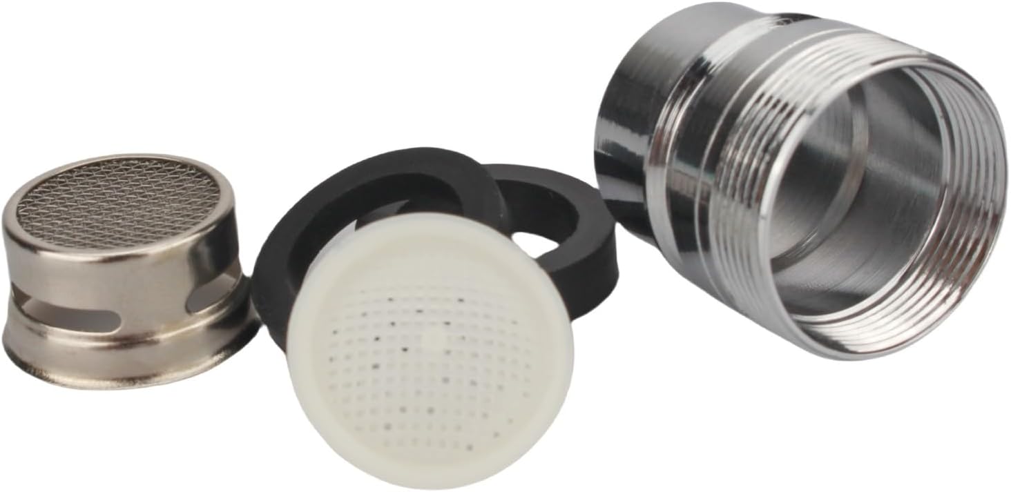 Close-up image of the Piumeif dishwasher faucet adapter components, including the main adapter body, a removable aerator screen, and black rubber gaskets.