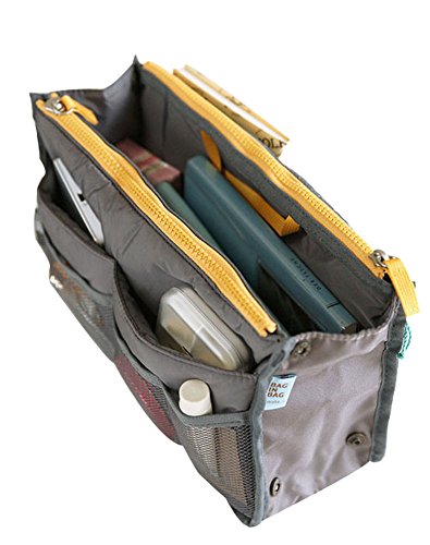 Ecokaki(TM) Double Zipper Storage Portable Bag Makeup Travel Handbag Purse Organizer Insert Pockets, Grey