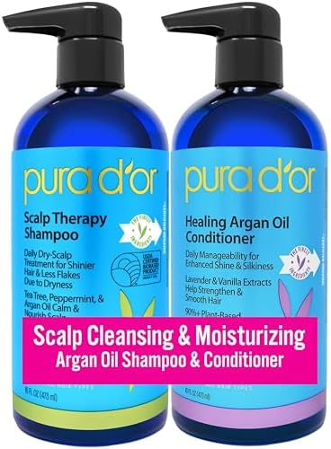 PURA D'OR Scalp Therapy Shampoo & Conditioner Set (16oz x 2) Dry, Itchy Scalp-Hydrates & Nourishes Hair w/Tea Tree, Peppermint, Argan Oil & Biotin, All Hair Type, Men Women (Packaging Varies)