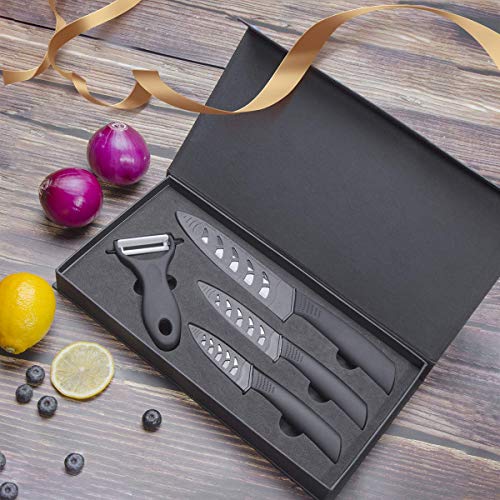Ceramic Knife Set With Sheaths - Super Sharp & Rust Proof & Stain Resistant Ceramic Chef Knife, 6" Chef Knife, 4" Utility Knife, 3" Paring Knife, 1 Peeler (Black)