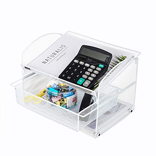 VANRA Metal Mesh Desktop Organizer Telephone Stand Phone Stand File Sorter Desk File Tray Organize File Folder Holder with Drawer (White)