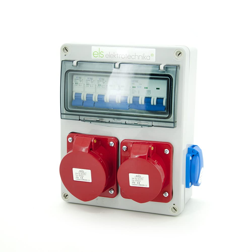 ELS Elektrotechnika Distribuidor de pared con 8 cajas de distribución con 2 enchufes Schuko de 230 V + 1 interruptor LS, 1 CEE 16 A + LS, 1 CEE 32 A + LS, cableado, listo para conectar para garaje,