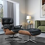 Black Top Grain Leather Lounge Chair and Ottoman Set, Mid Century Modern Lounge Chair with footrest, Walnut Wood Armchair with Wide Armrest for Living Room Bedroom Office