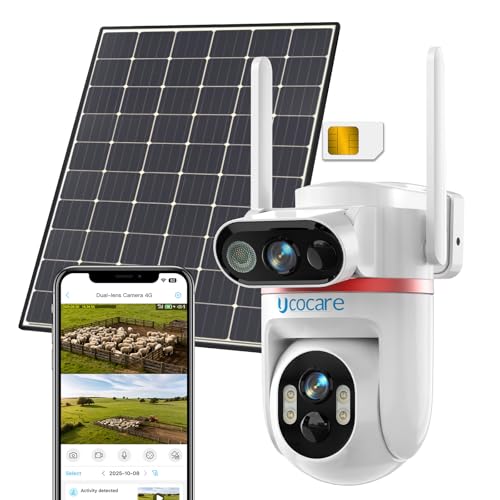 UCOCARE Camara Vigilancia Exterior Solar, 4MP Doble Lente Camara Vigilancia SIM, 360° Camara 4G Solar 8W & Batería 15800mAh, Visión Nocturna Color, Seguimiento Automático, Detección Movimiento, IP66