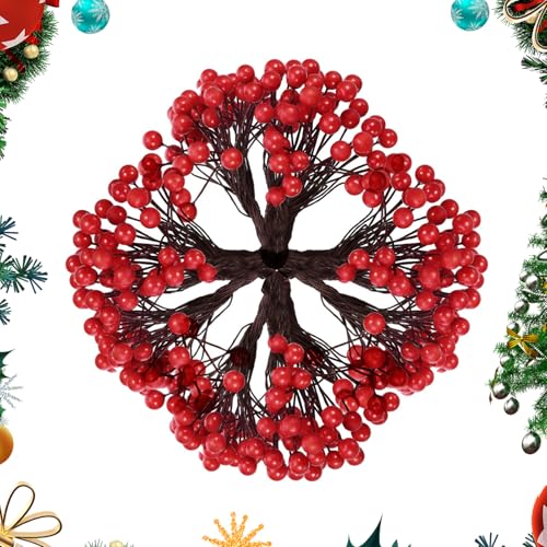 DUOJINSANXI 250 Pcs Red Berry Stems, Artificial 8 mm Holly Red Berries on Wire Stems, Holly Berries for Crafts Christmas Tree Decorations