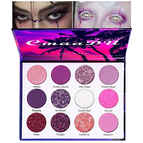 Mysense Glitter Eyeshadow Palette, 12 Colors Purple Pink Eye Shadow Makeup Pressed Glitter Shimmer Matte Eyeshadow Pallets, Halloween Costumes Face Paint Vampire Cosplay Makeup for Women Girls