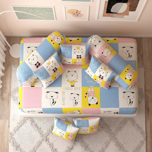 Image of Filymore Cat Print 8 Pieces Diwan Set for Kids Room, Soft Microfiber Single Bedsheet with 5 Cushion Covers & 2 Bolster Covers, Cute Cartoon Kids Bedding Set for Boys & Girls (Pink)